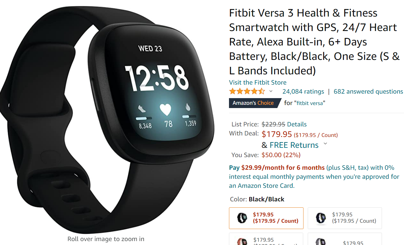 Fitbit Versa 3 Health & Fitness Smartwatch with GPS, 24/7 Heart Rate, Alexa  Built-in, 6+ Days Battery, Pink/Gold, One Size (S & L Bands Included)