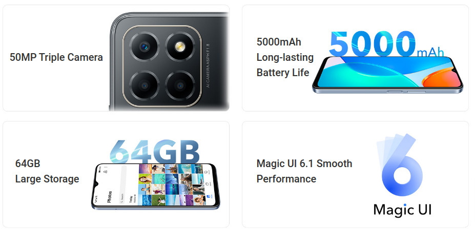 Móvil - HONOR X6, Ocean Blue, 64 GB, 4 GB RAM, 6,5 , HD, Mediatek Helio  G25, 5000 mAh, Magic UI 6.1 basado en Android 12