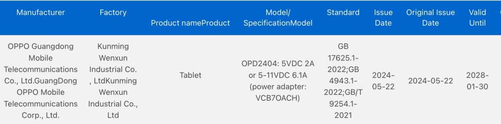 Oppo Pad 3 3C certified