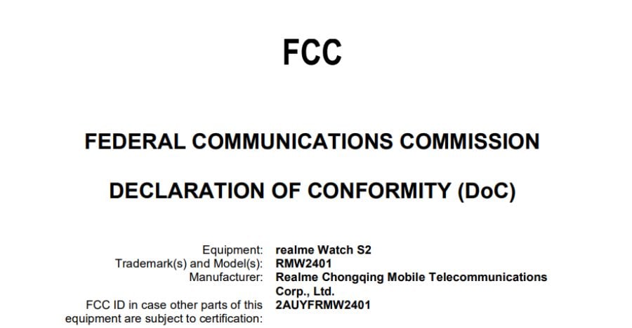 Realme Watch S2 FCC certification