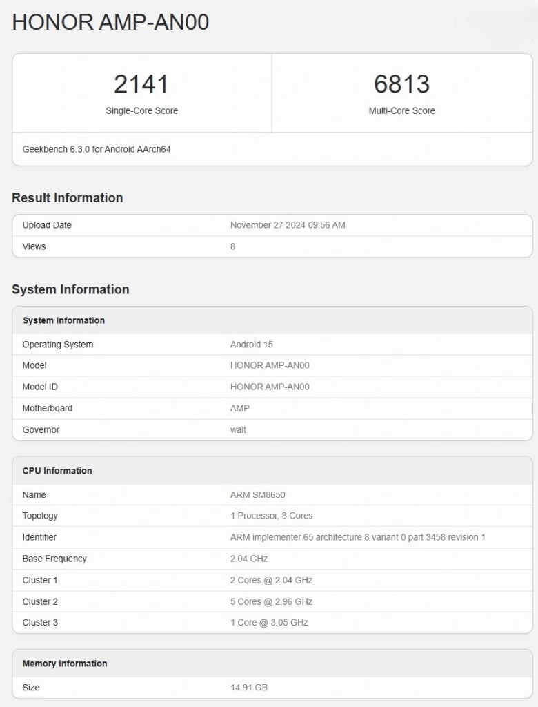 Honor 300 Pro GeekBench'te Biraz Daha Yavaş Snapdragon 8 Gen 3 ile Görüldü - Resim : 1